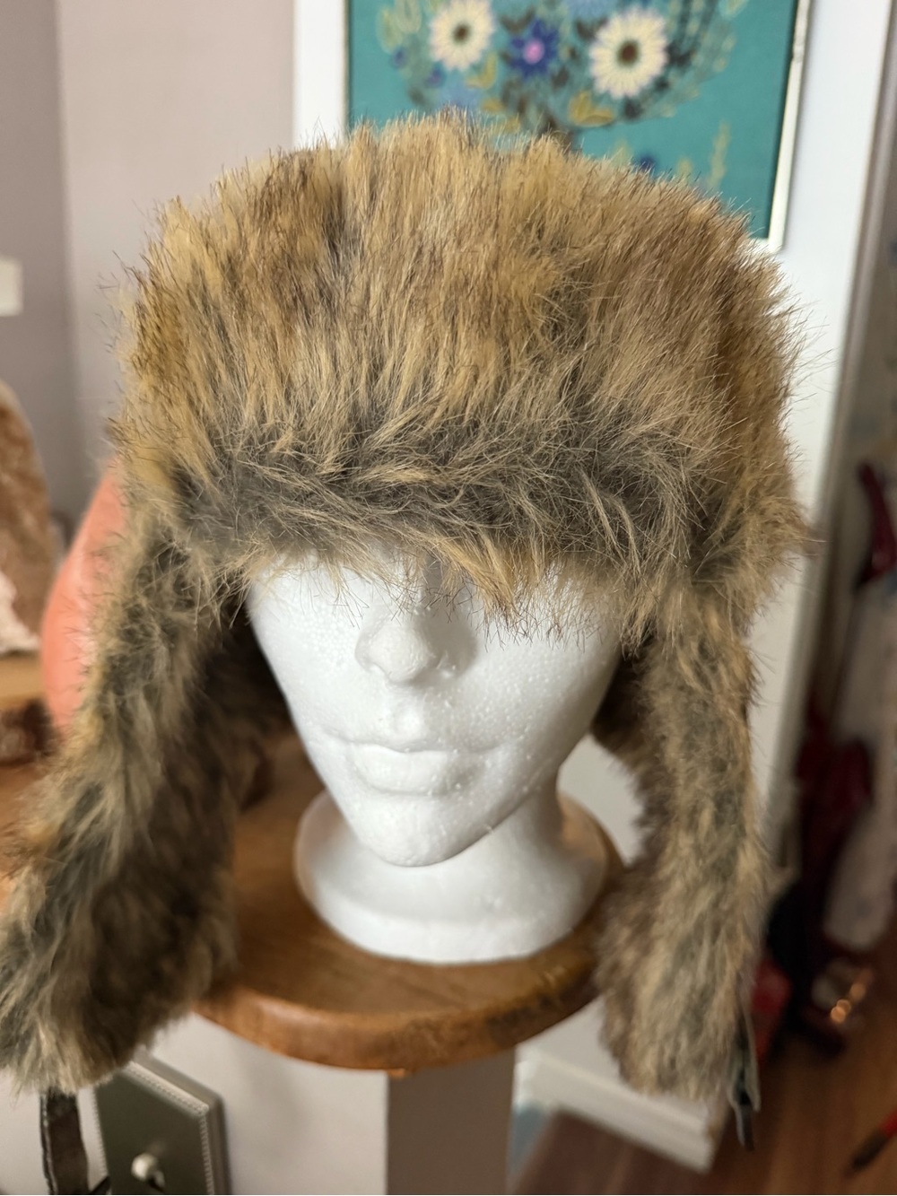 Vintage Woodland Camo Faux Fur Trapper Hat Ear Flaps One Size